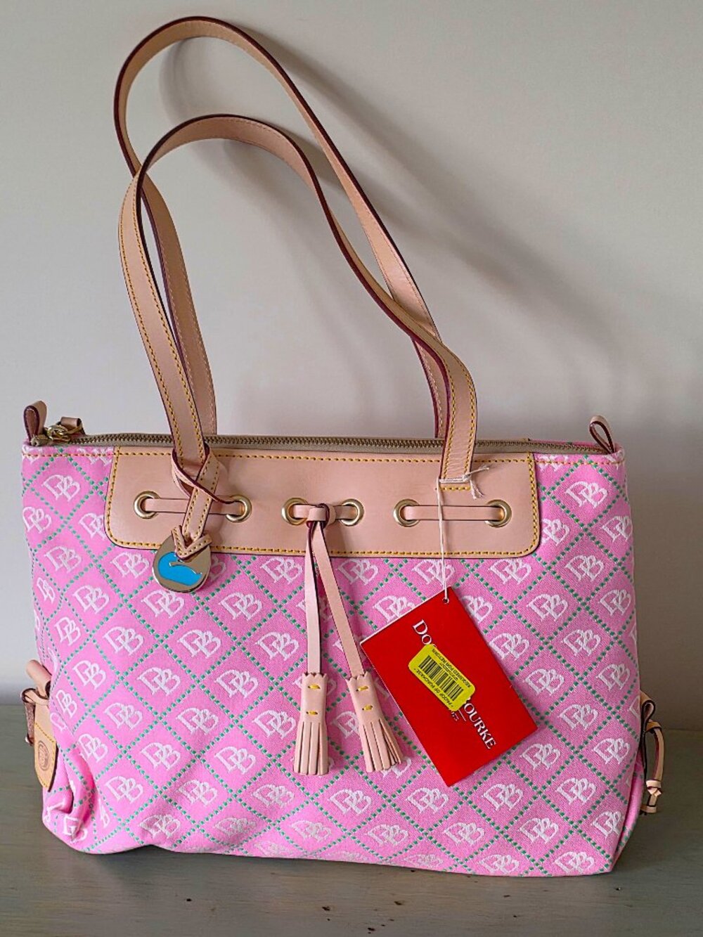 NWT Baby Pink Dooney & Bourke Large Tassel Zip Top Canvas Handbag Leather Trim